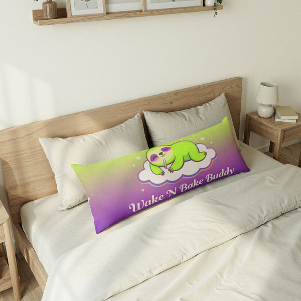 Wake N Bake Buddy Body Pillow – Funny Stoner Sloth Pillow, Cannabis Decor, Green Purple Lumbar Pillow, 420 Gift, Chill Room Aesthetic