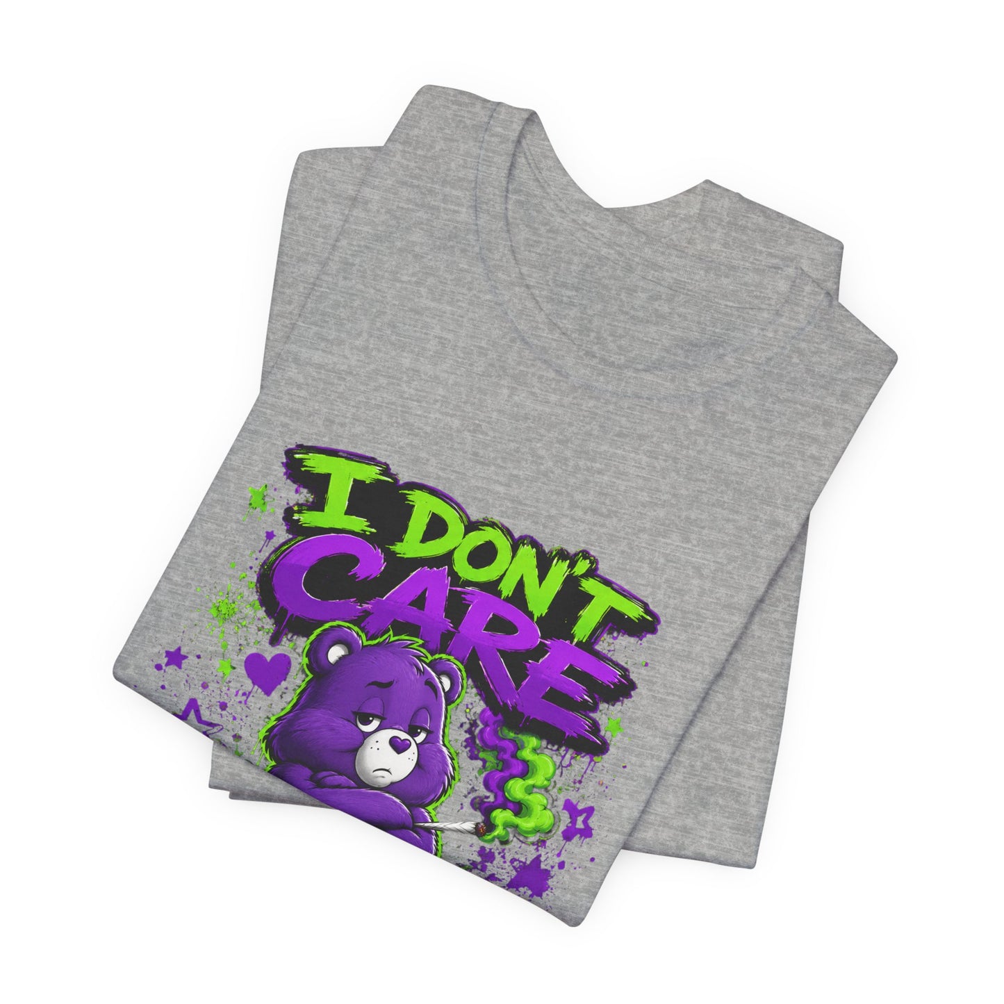 I Don't Care Bear Cannabis Graphic T-Shirt | Funny 420 Streetwear Tee | Purple Neon Stoner Shirt