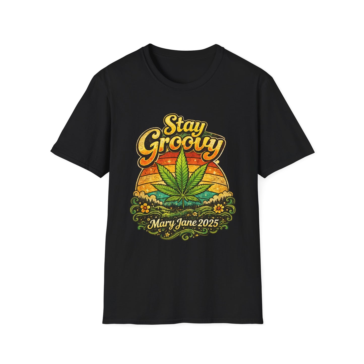 Stay Groovy Retro Cannabis T-Shirt – Vintage 70s Psychedelic Weed Sunset Graphic Tee – Mary Jane 2025 Unisex Shirt