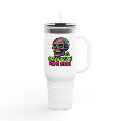 Insulated Travel Mug, Stay Blazin' Ride High Skull Design, 40oz Coffee Cup, Perfect for Cannabis Lovers, Fun Gift for Birthdays, Road Trips