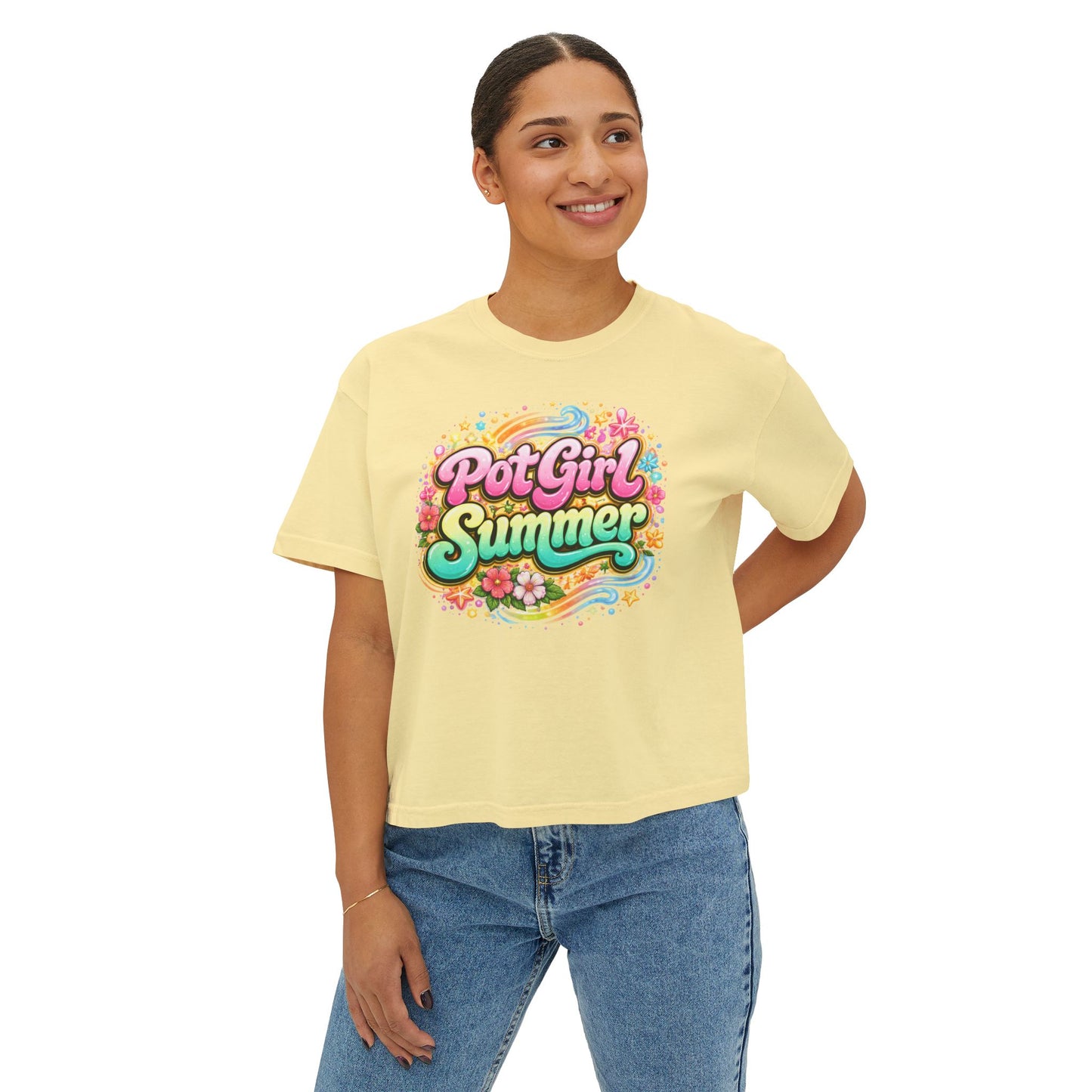 Pot Girl Summer Boxy Tee – Trendy Cannabis Summer Graphic Shirt, Festival Weed Apparel, Stoner Girl Streetwear Crop Tee