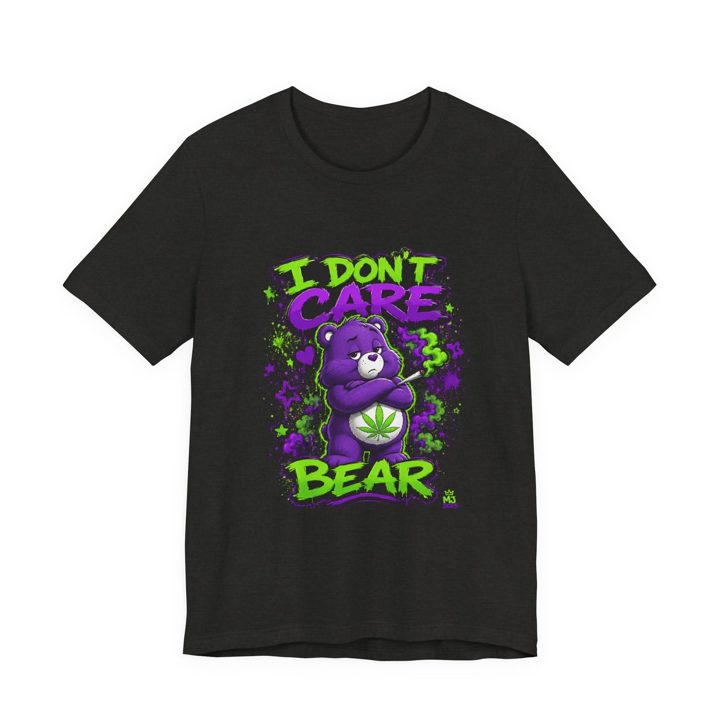 I Don't Care Bear Cannabis Graphic T-Shirt | Funny 420 Streetwear Tee | Purple Neon Stoner Shirt