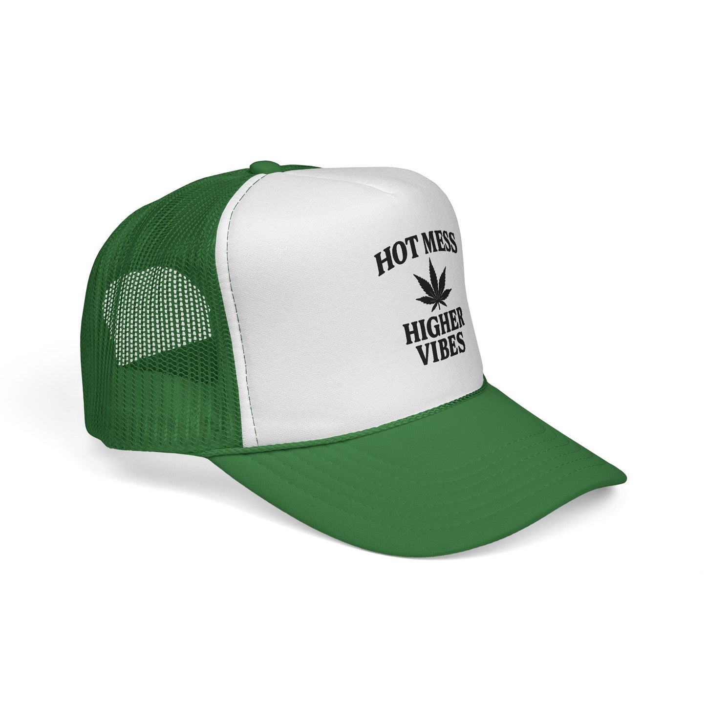 Hot Mess Higher Vibes Trucker Hat | Funny Stoner Mesh Cap | Cannabis Leaf Snapback | 420 Gift for Her & Him