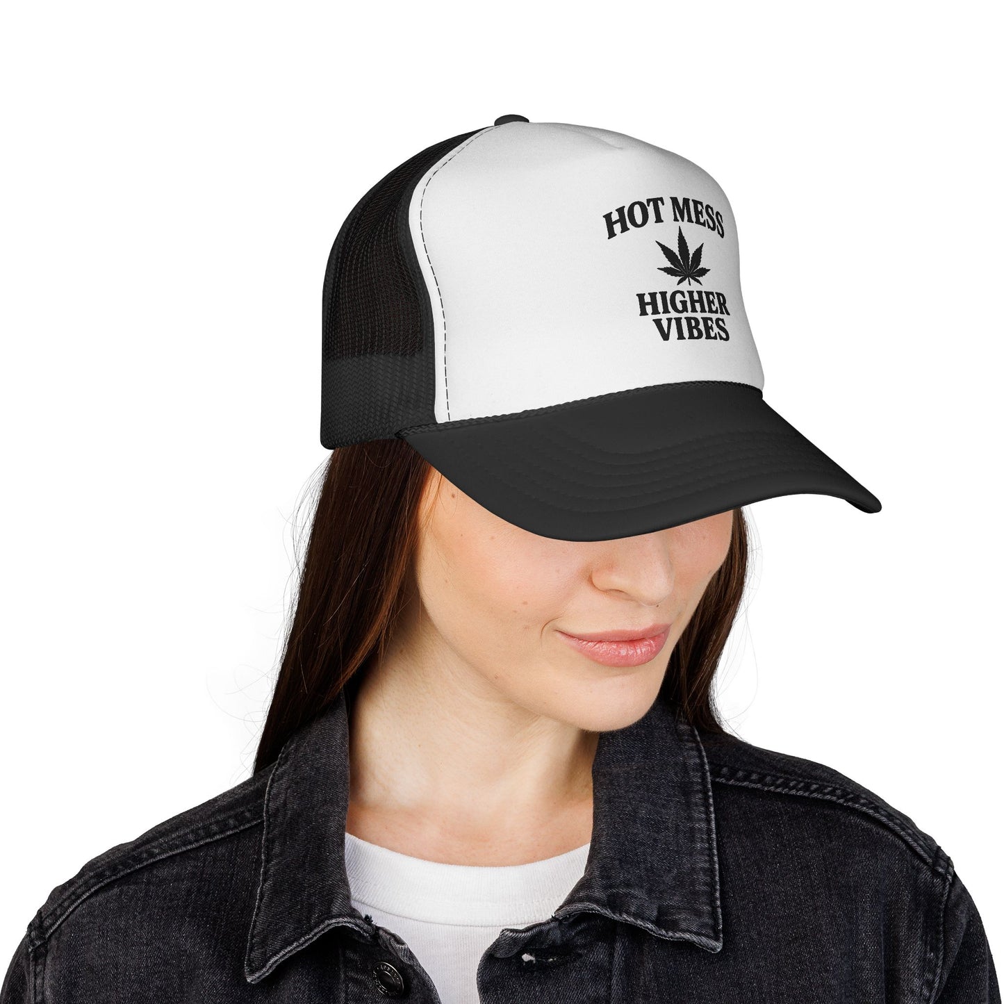 Hot Mess Higher Vibes Trucker Hat | Funny Stoner Mesh Cap | Cannabis Leaf Snapback | 420 Gift for Her & Him