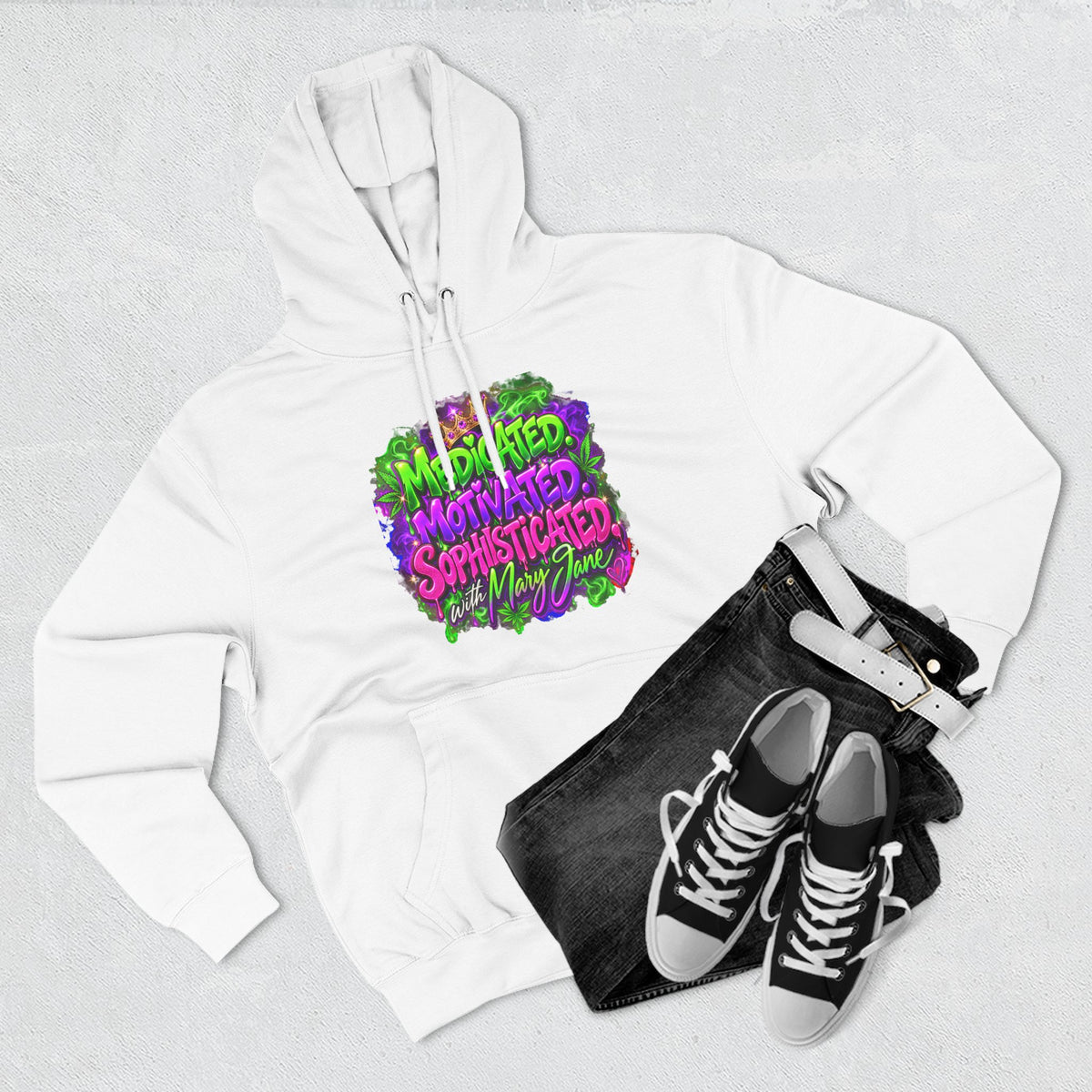 Medicated Motivated Sophisticated Hoodie | Mary Jane Graphic Sweatshirt | Funny 420 Pullover | Stoner Girl Streetwear 💜 SEO Description Printify