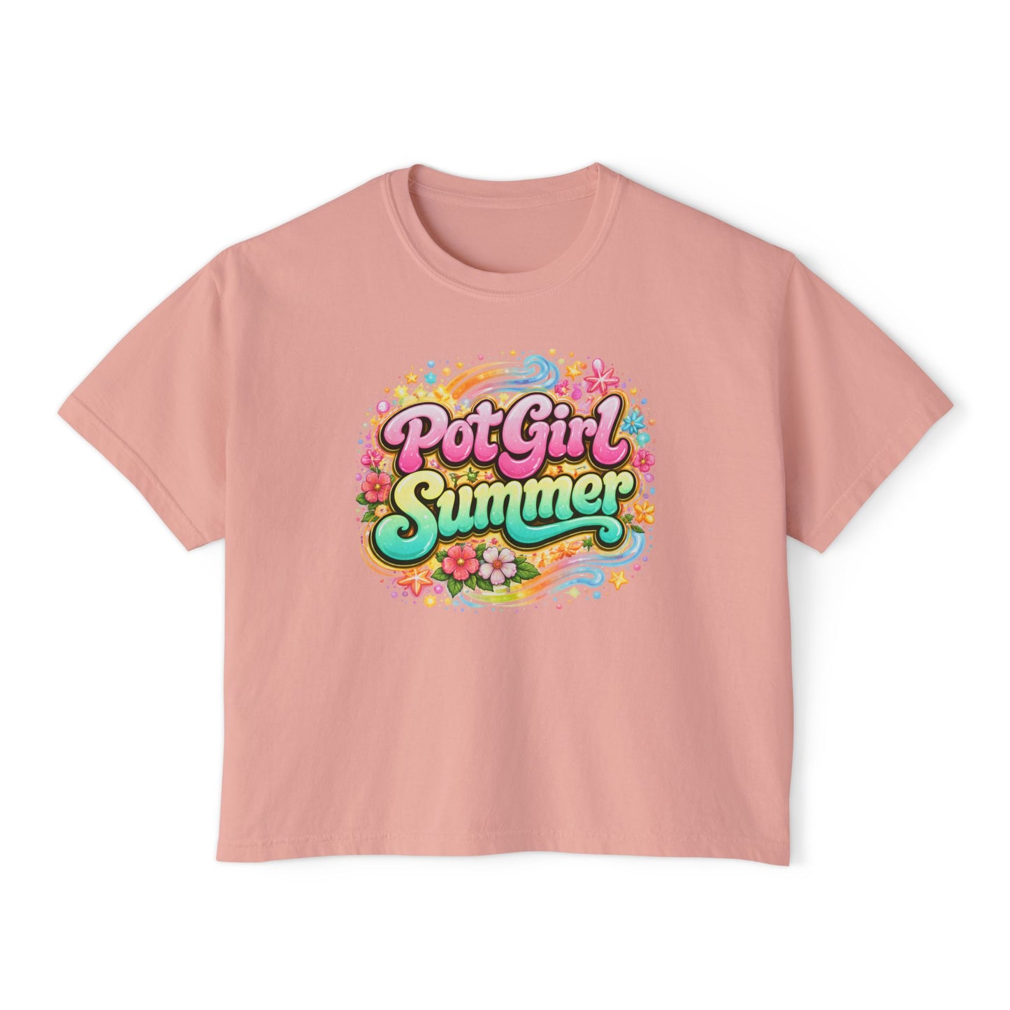 Pot Girl Summer Boxy Tee – Trendy Cannabis Summer Graphic Shirt, Festival Weed Apparel, Stoner Girl Streetwear Crop Tee
