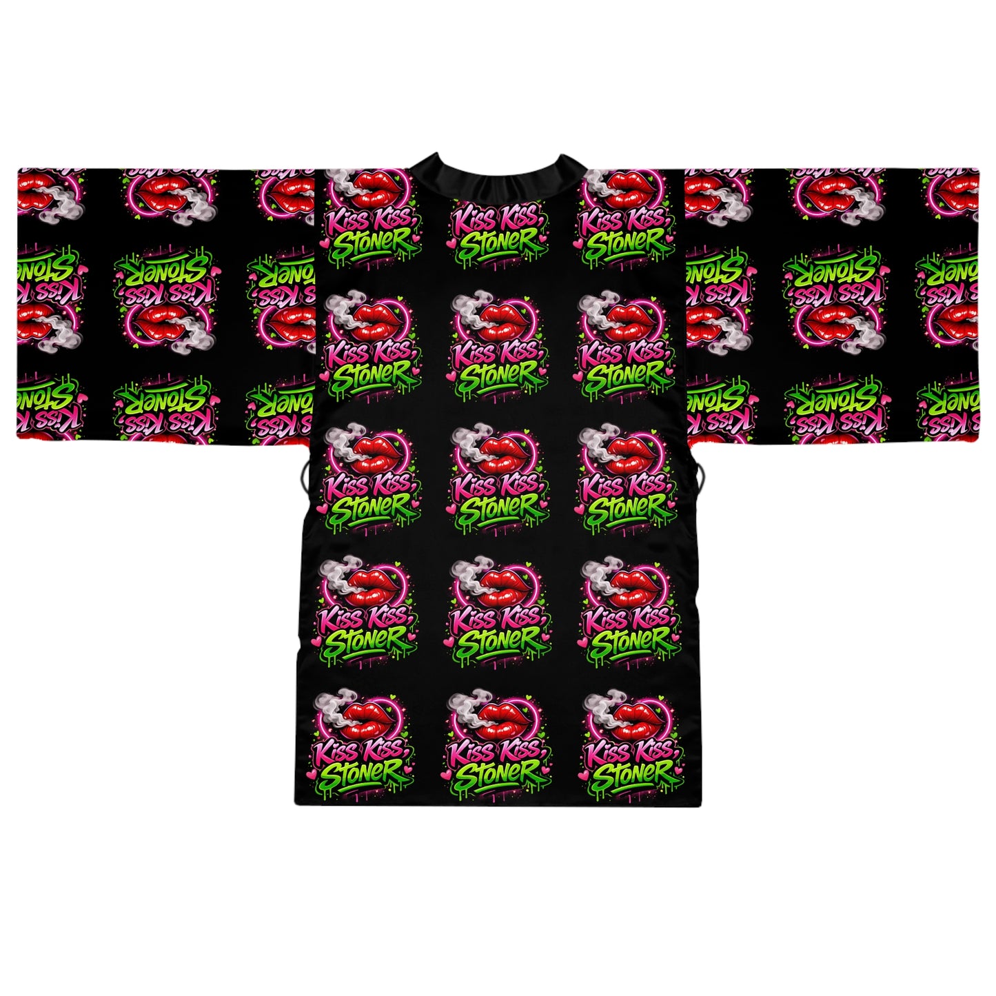 Kiss Kiss Stoner Satin Robe – Cannabis Lounge Kimono, Cozy Street Art Sleepwear