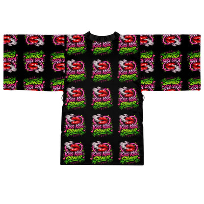 Kiss Kiss Stoner Satin Robe – Cannabis Lounge Kimono, Cozy Street Art Sleepwear
