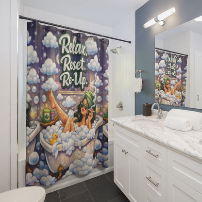 Relax Reset Re-Up Shower Curtain | Cannabis Bathroom Decor | Funny Stoner Bath Art | Mary Jane Weed Spa Curtain