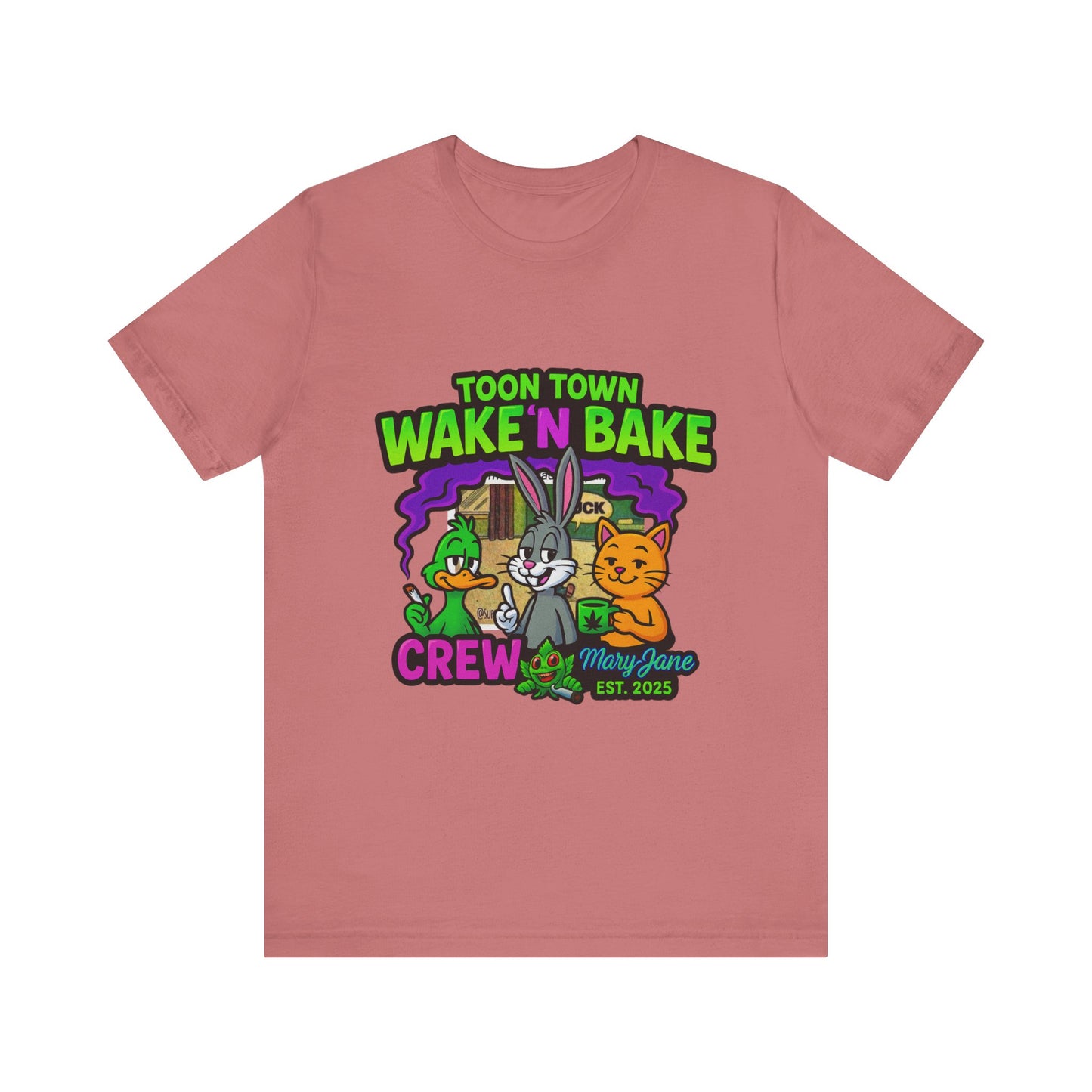 Toon Town Wake ’N Bake Crew T-Shirt | Funny Cartoon Stoner Tee by Mary-Jane EST. 2025