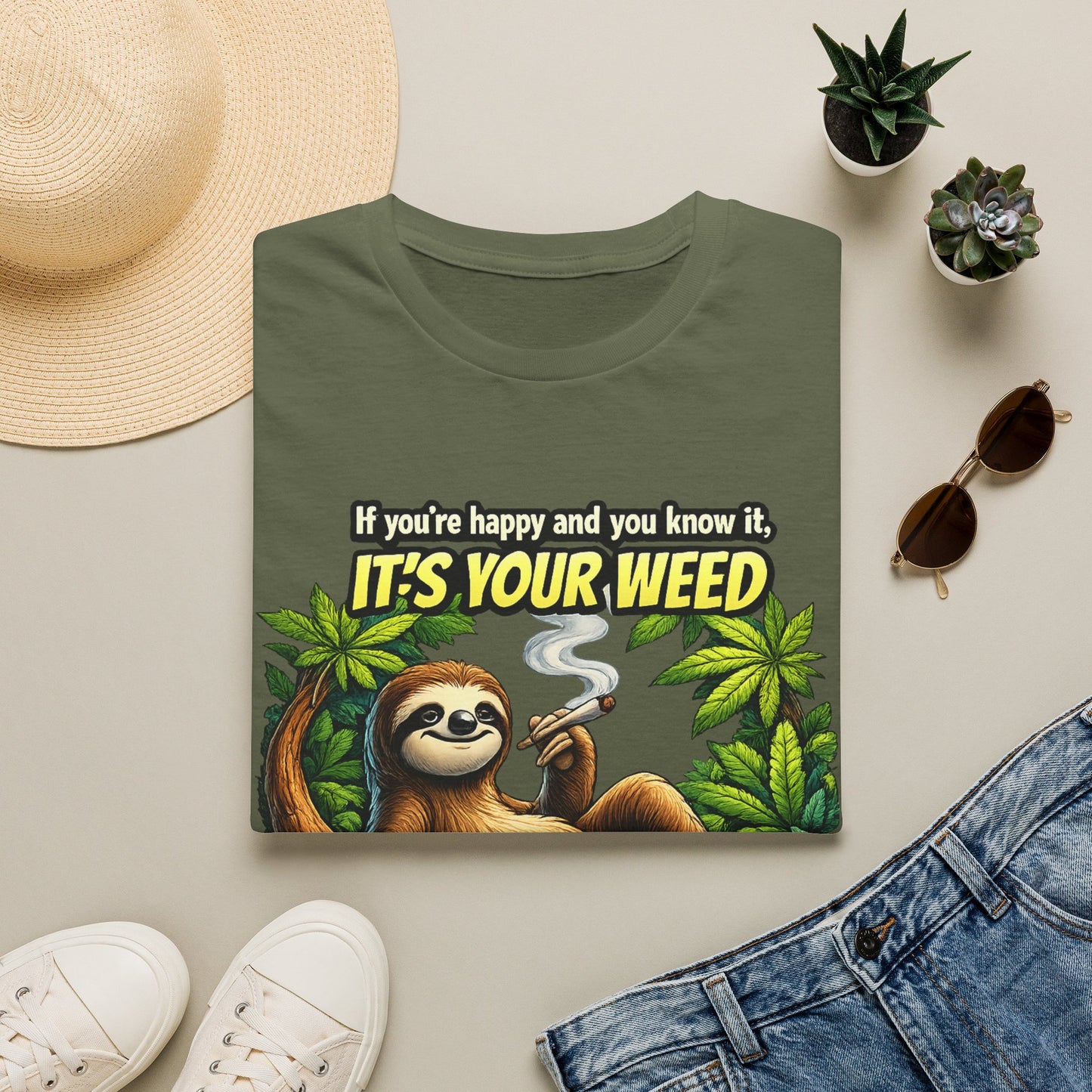 If You're Happy and You Know It It's Your Weed Sloth T-Shirt | Funny Cannabis Graphic Tee | Relaxed Stoner Shirt Gift Printify