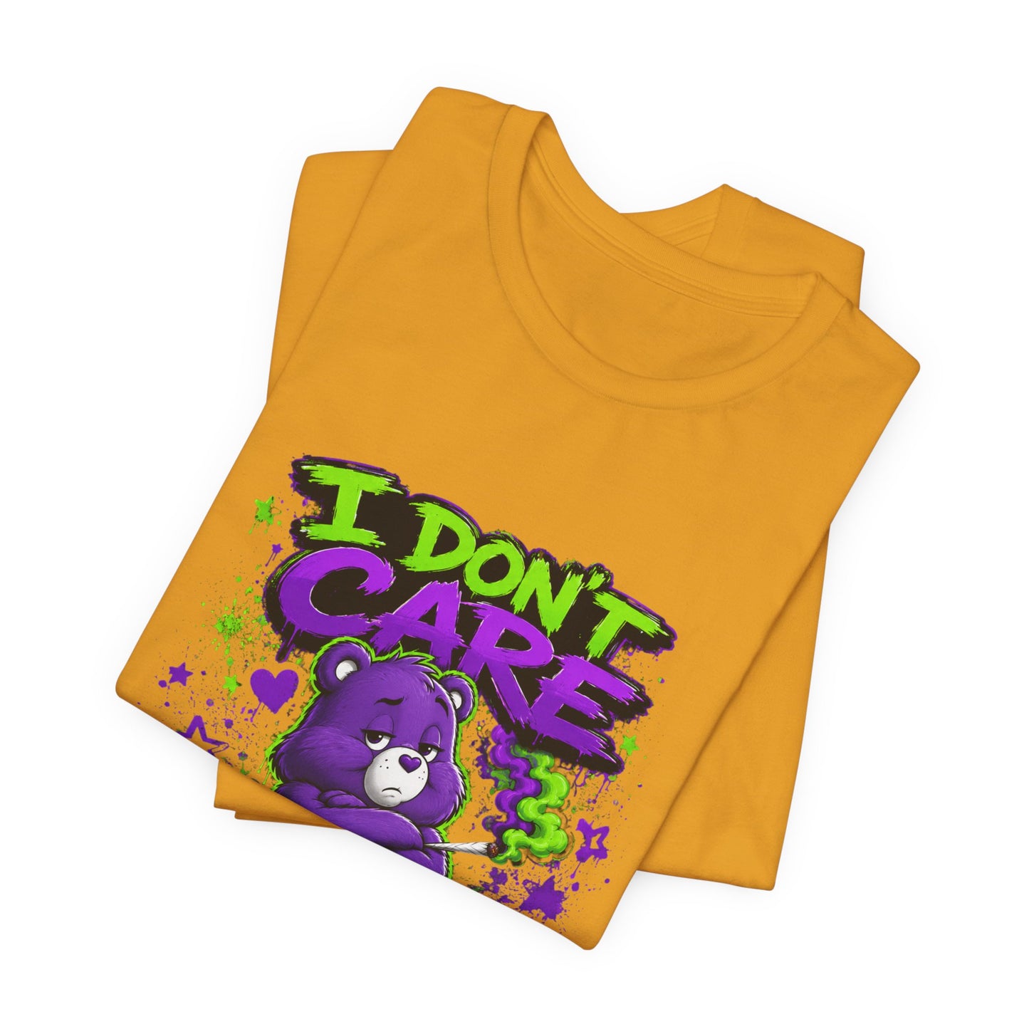 I Don't Care Bear Cannabis Graphic T-Shirt | Funny 420 Streetwear Tee | Purple Neon Stoner Shirt