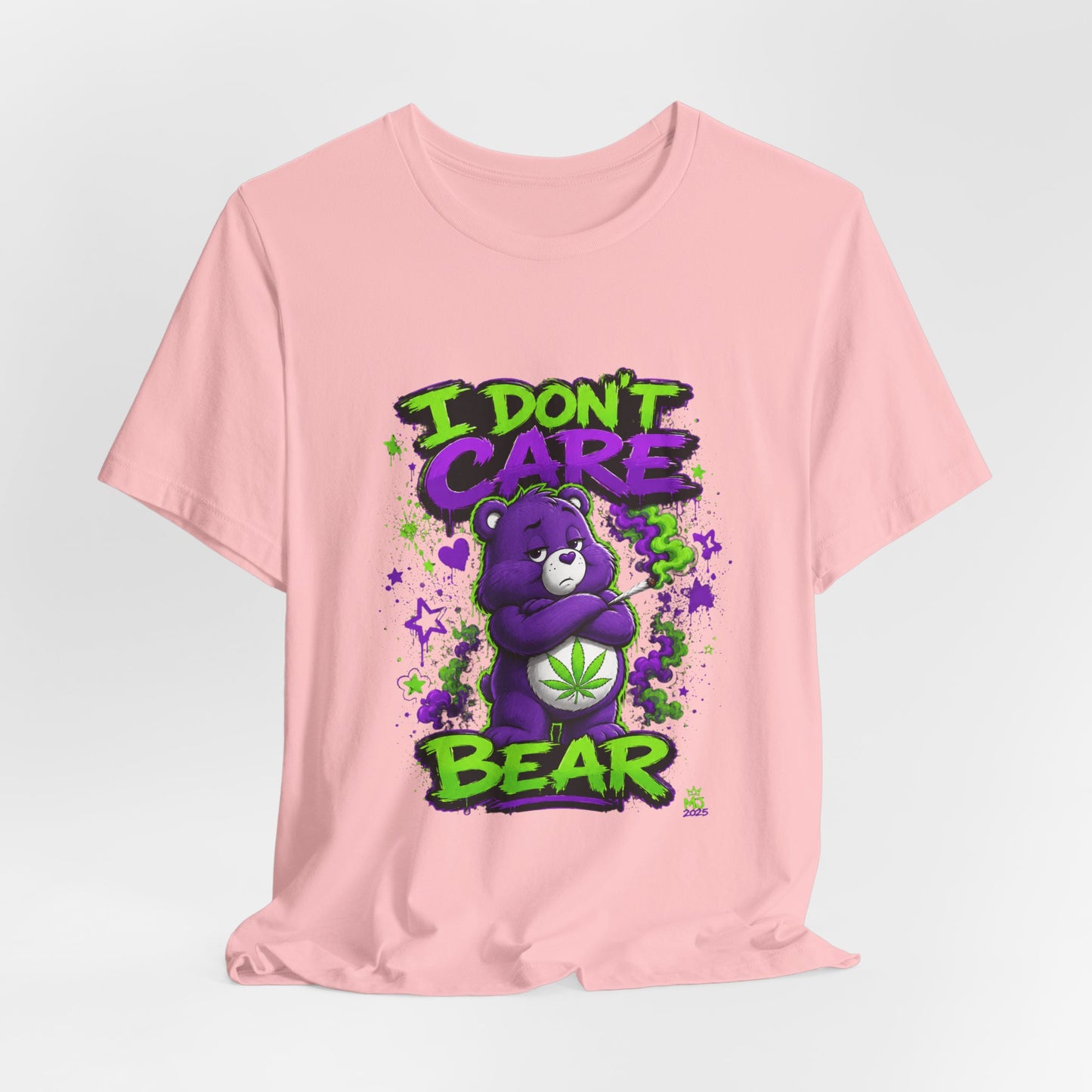 I Don't Care Bear Cannabis Graphic T-Shirt | Funny 420 Streetwear Tee | Purple Neon Stoner Shirt
