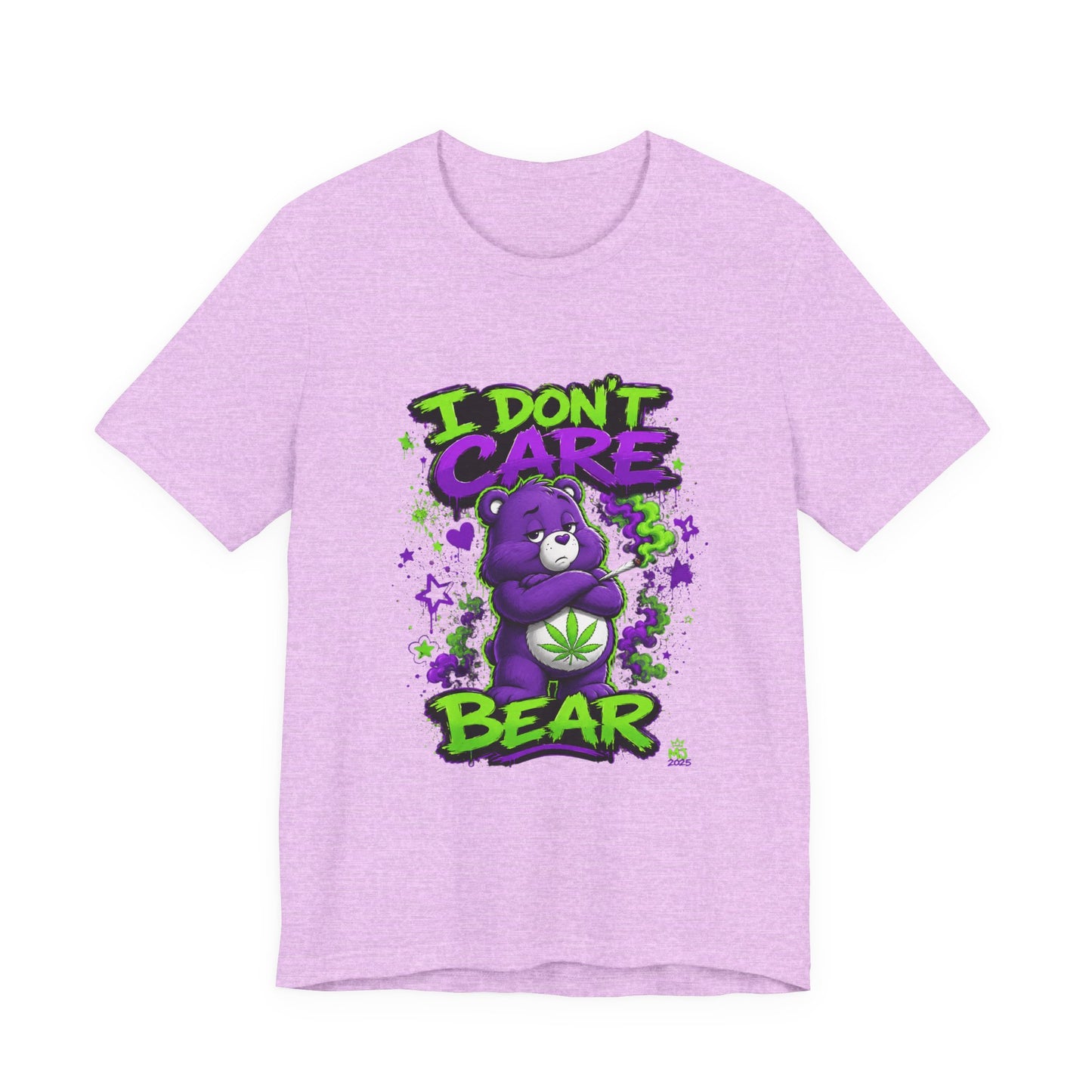 I Don't Care Bear Cannabis Graphic T-Shirt | Funny 420 Streetwear Tee | Purple Neon Stoner Shirt