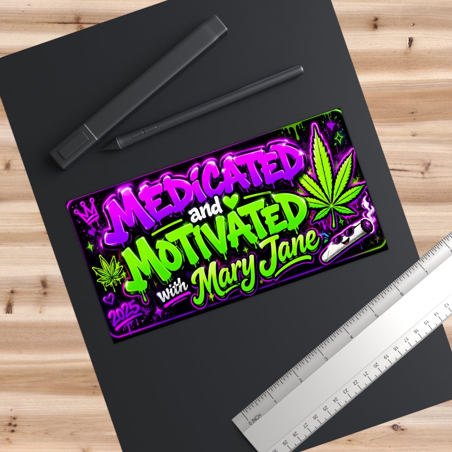 Medicated and Motivated with Mary Jane Bumper Sticker | Funny 420 Car Decal | Bright Neon Cannabis Sticker 7.5x3.75