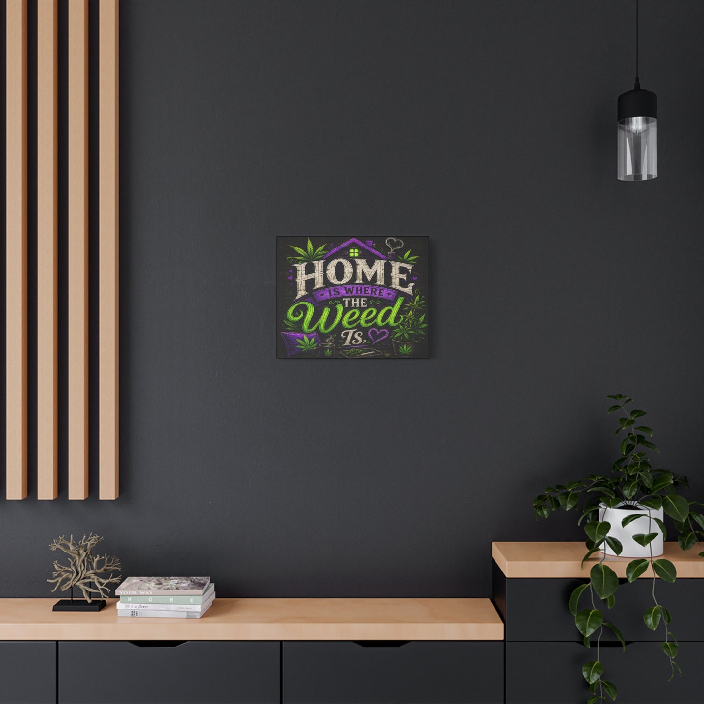 Home Is Where the Weed Is Canvas Wall Art | Rustic Cannabis Home Decor | Funny Stoner Wall Sign | Purple & Green Weed Lover Gift | 20x16 Canvas