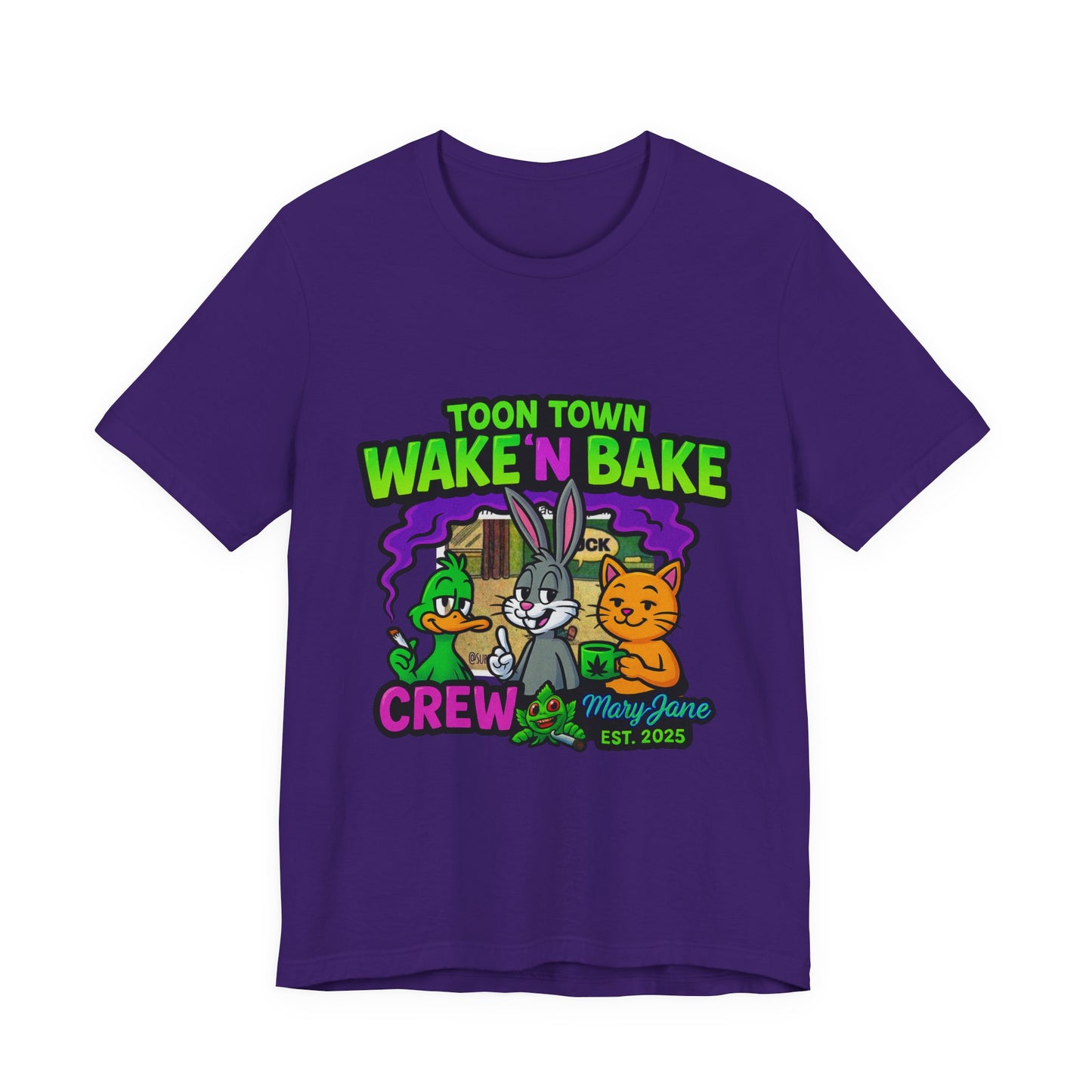 Toon Town Wake ’N Bake Crew T-Shirt | Funny Cartoon Stoner Tee by Mary-Jane EST. 2025