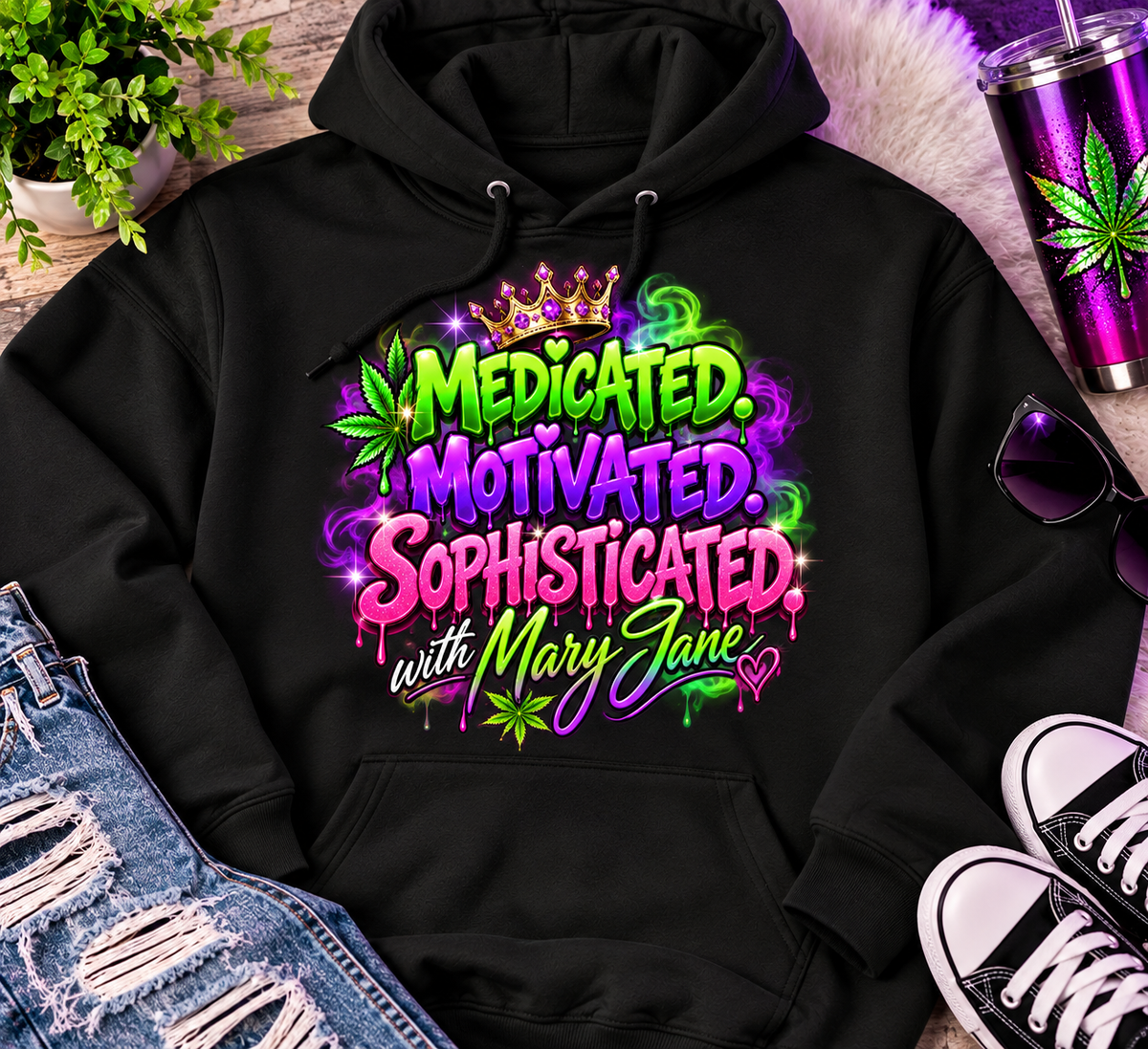 Medicated Motivated Sophisticated Hoodie | Mary Jane Graphic Sweatshirt | Funny 420 Pullover | Stoner Girl Streetwear 💜 SEO Description Printify