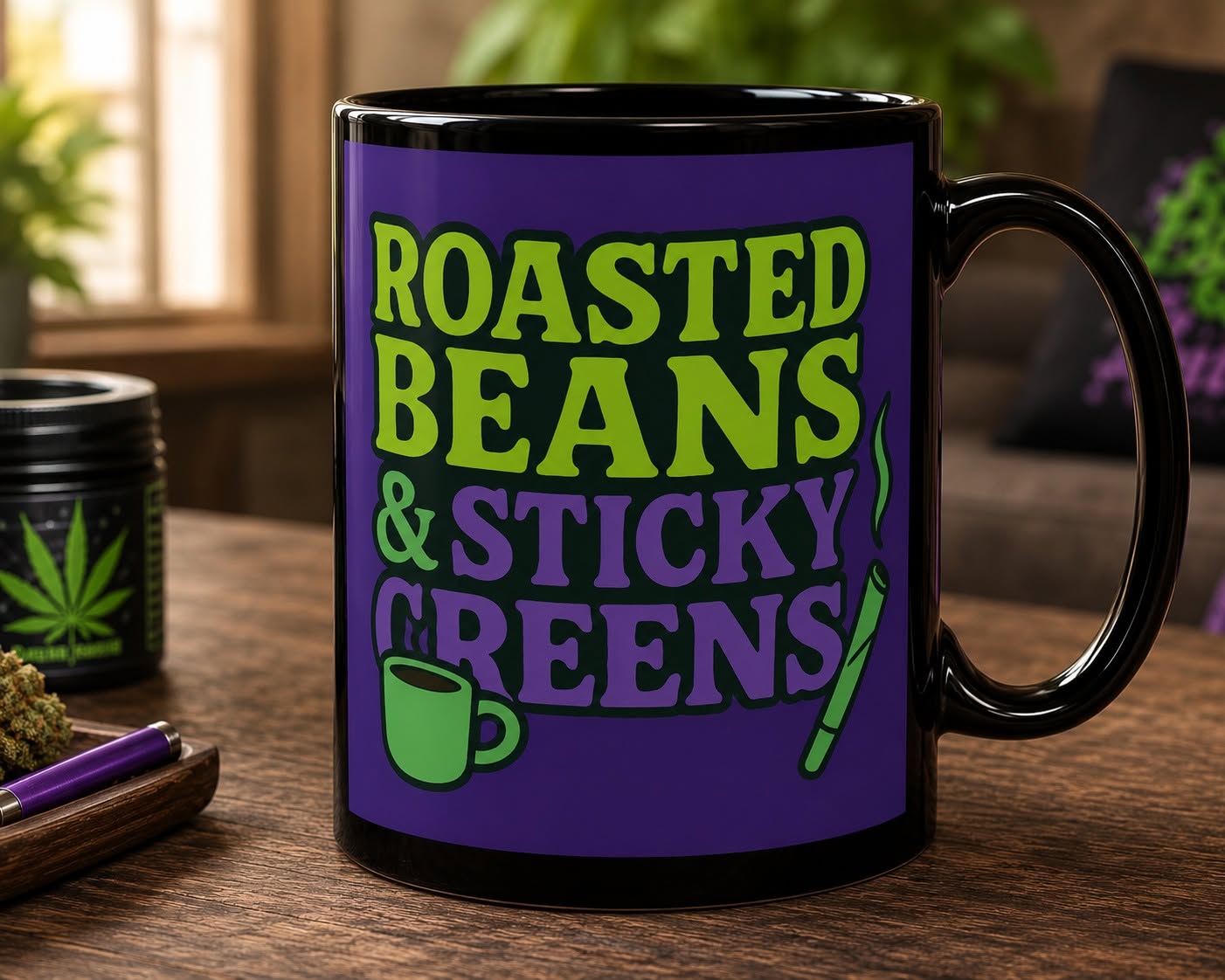 Roasted Beans & Sticky Greens Coffee Mug | Funny Coffee Lover Gift | Wake & Bake Mug | Cannabis Humor Coffee Cup | 11oz & 15oz Mug