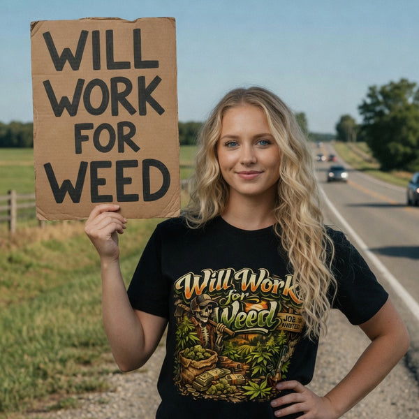 Will Work for Weed T-Shirt – Funny Cannabis Skeleton Shirt – 420 Graphic Tee – Stoner Humor Weed Lover Gift – Marijuana Street Art Apparel